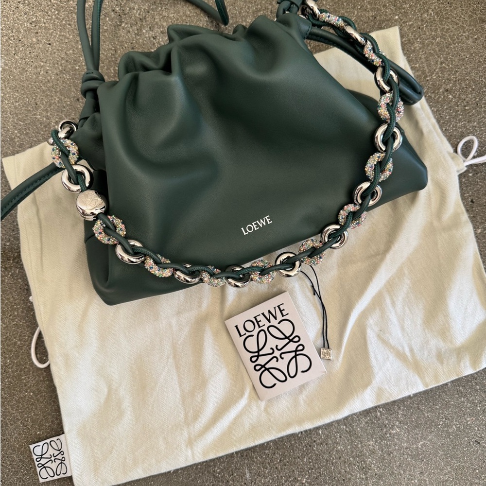Authentic Loewe x Suna Fujita Flamenco Bag Medium in Vetiver Green